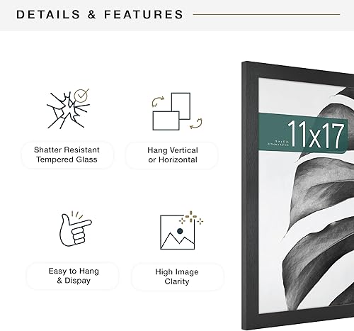 Miniatura 6 de MCS Studio Gallery Marco para foto rectangular de 11 x 17 pulgadas, imitación de veta de madera de color negro, con cristal antirrotura, para póster