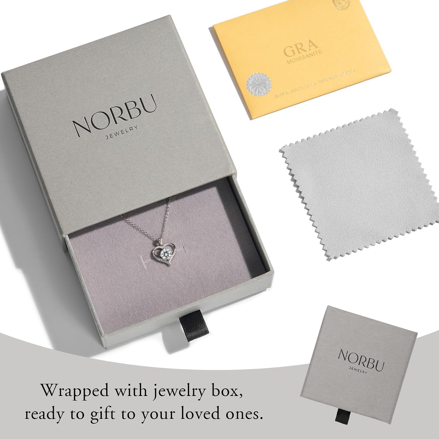NORBU Moissanite Necklace for Women, 1 CT D Color VVS1 Clarity Round Cut, 925 Sterling Silver Heart Necklace with 18K White Gold Plated, Jewelry Gift for Wedding Anniversary Birthday Christmas Valentine's Day