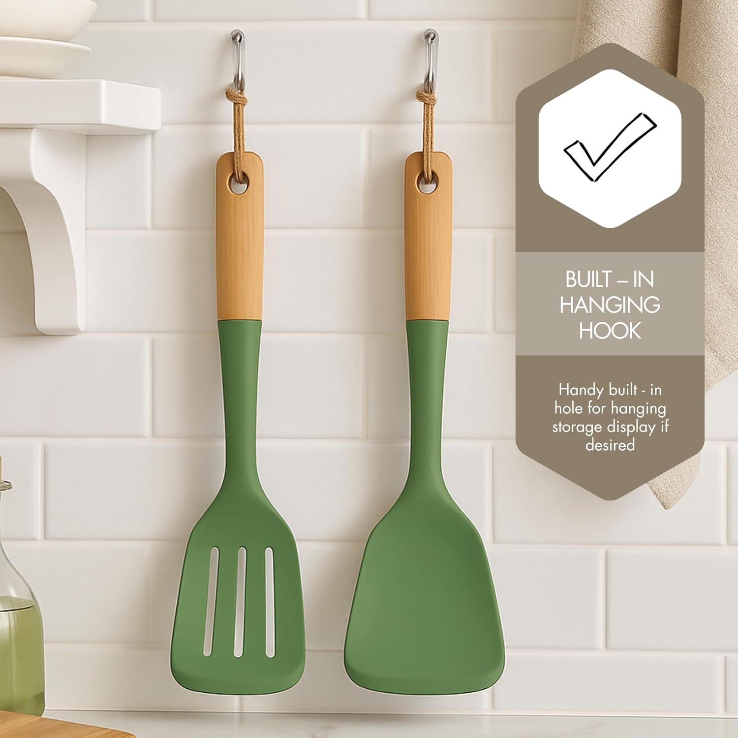 Beille 4pc Beech Wood and Silicone Kitchen Utensils Cooking Spoon Set Meal Prep Baking Supplies Home Essentials, Olive Green