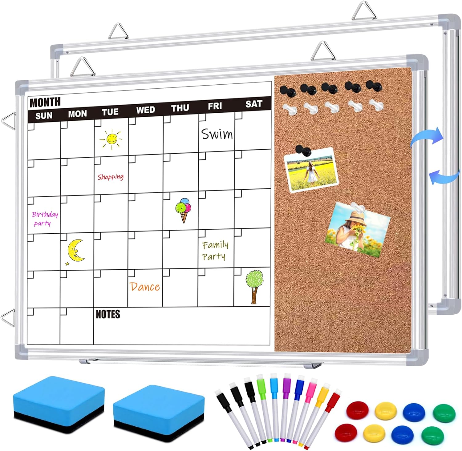 Calendar Whiteboard for Wall, 24" x 18" Double Sided Monthly Dry Erase Board Calendar for Office, Home, School, Hanging Cork Board White Board Combo, Portable Magnetic Dry Erase Planner Board