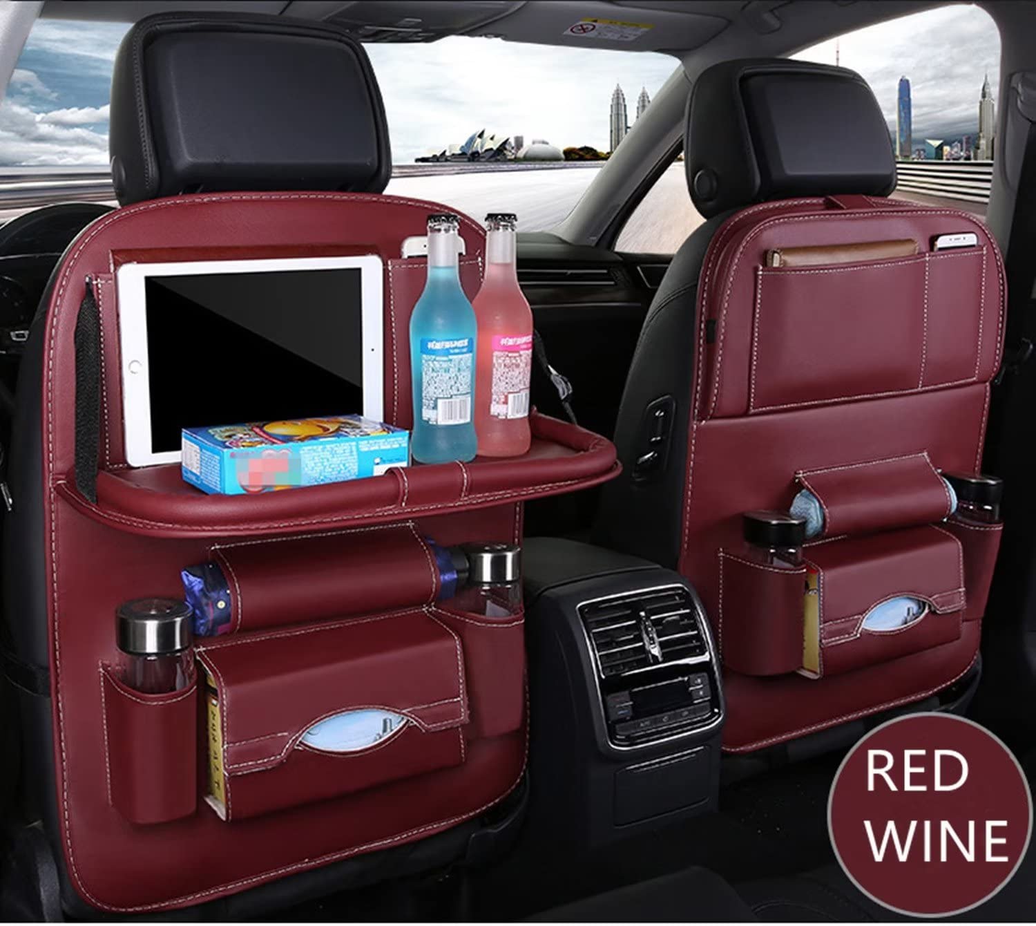 BWGHBH Car Seat Back Organizer with Foldable Table Tray PU Leather Storage Organizer with Pockets Kick Mats Seat Protectors Interior Accessories For Men Women Travel 1PCS Wine Red