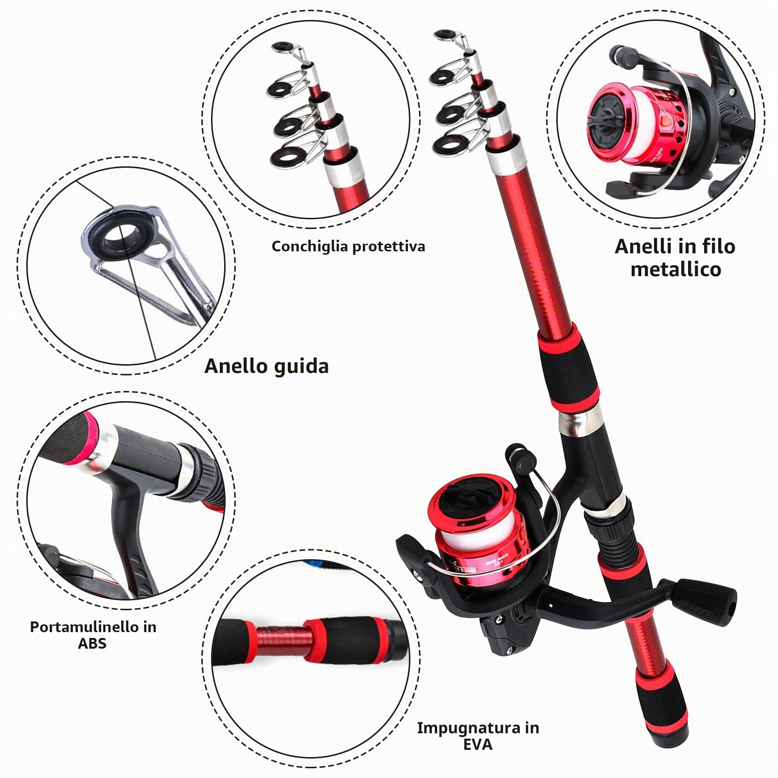 Set di canne da pesca per bambini, canne da pesca telescopiche, 180 cm, canna da pesca telescopica, canna da pesca e mulinello con esche per lenza, borsa per bambini e viaggi