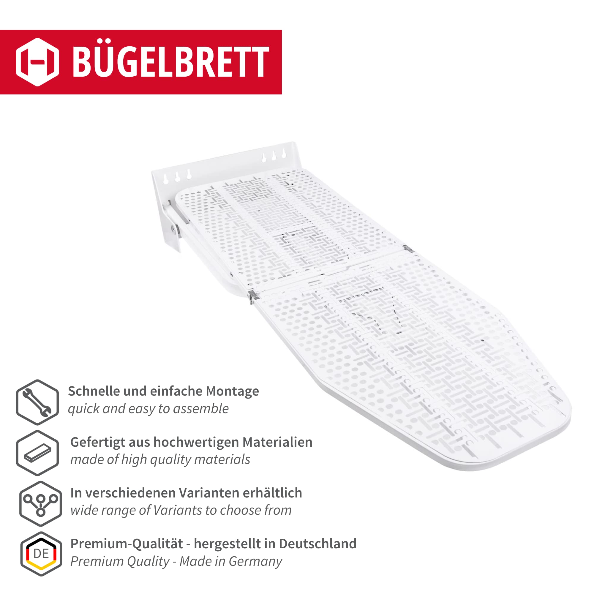 Gedotec Bügelbrett Klappbar IRONFIX Bügeltisch-Bezug Silber| Bügel-Klapptisch 180° drehbar in gehärtetem Stahl weiß | Wand-Bügelbrett für Wandmontage | Made in Germany | 1 Stück mit Schrauben