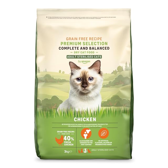 by Amazon Alimento seco para Gatos Adultos esterilizados con Pollo Fresco, Receta sin Cereales