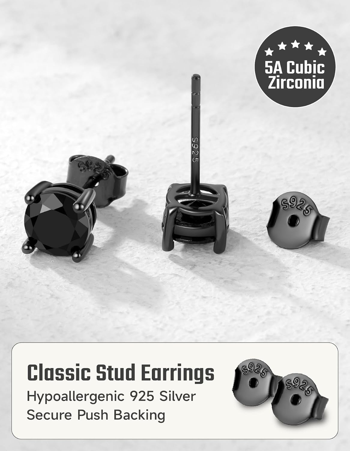 JustBeingCute Black Stud Earrings for Men Hypoallergenic CZ (5/6/7.5/8mm) | 925 Sterling Silver Mens Black Onyx Earrings Round Simulated Diamond Earring Studs for Women Men
