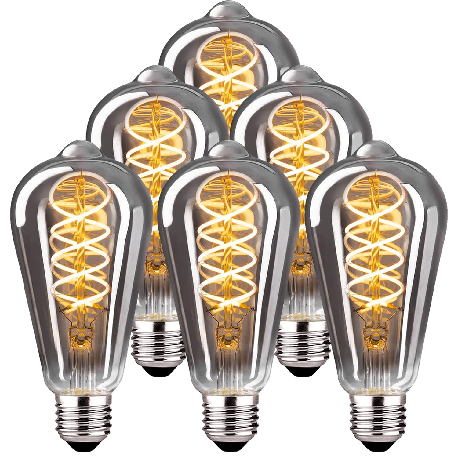 Edison LED Vintage Glühbirne, Dimmbar Glühbirne E27 4W LED Warmweiss, Vintage Edison Dimmbar lampe E27 Ideal für Nostalgie und Retro Beleuchtung - Rauchgrau Glas - 6 Stück（ST64 YHS）
