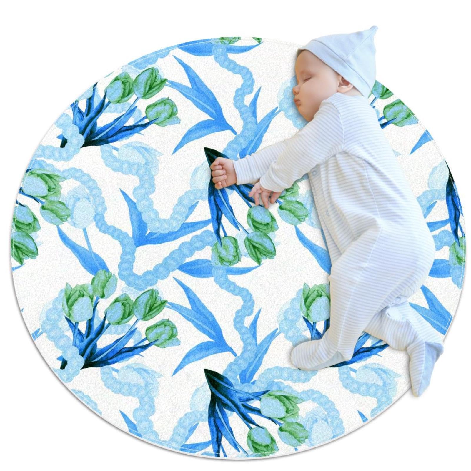 Tapis de salle de bain antidérapant et doux motif floral bleu 100cm
