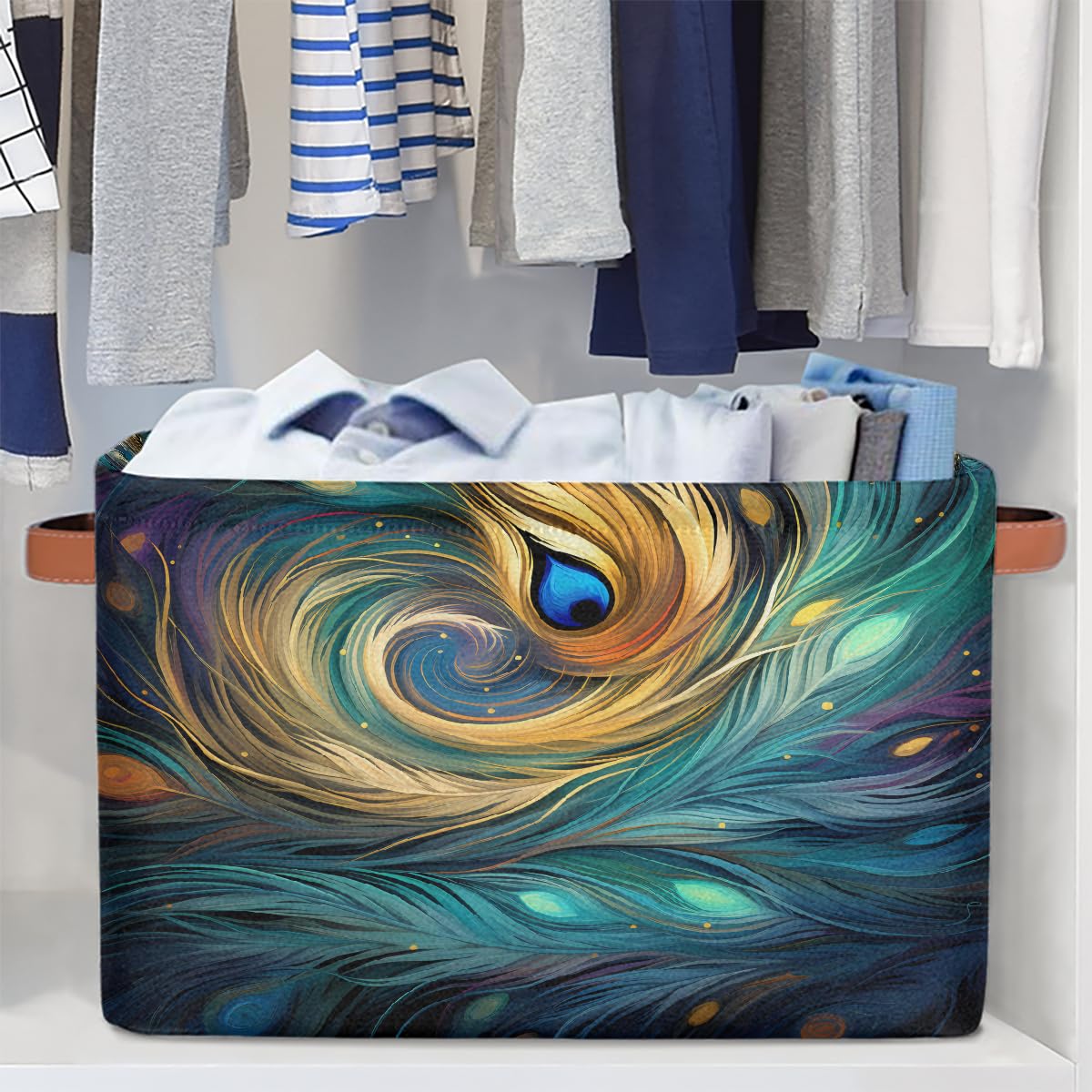 Mexpekil Cesta de almacenamiento abstracta de plumas de pavo real con diseño de galaxia, caja de almacenamiento de juguetes para niños, plegable, organizador de tela para estantes, cesta de regalo