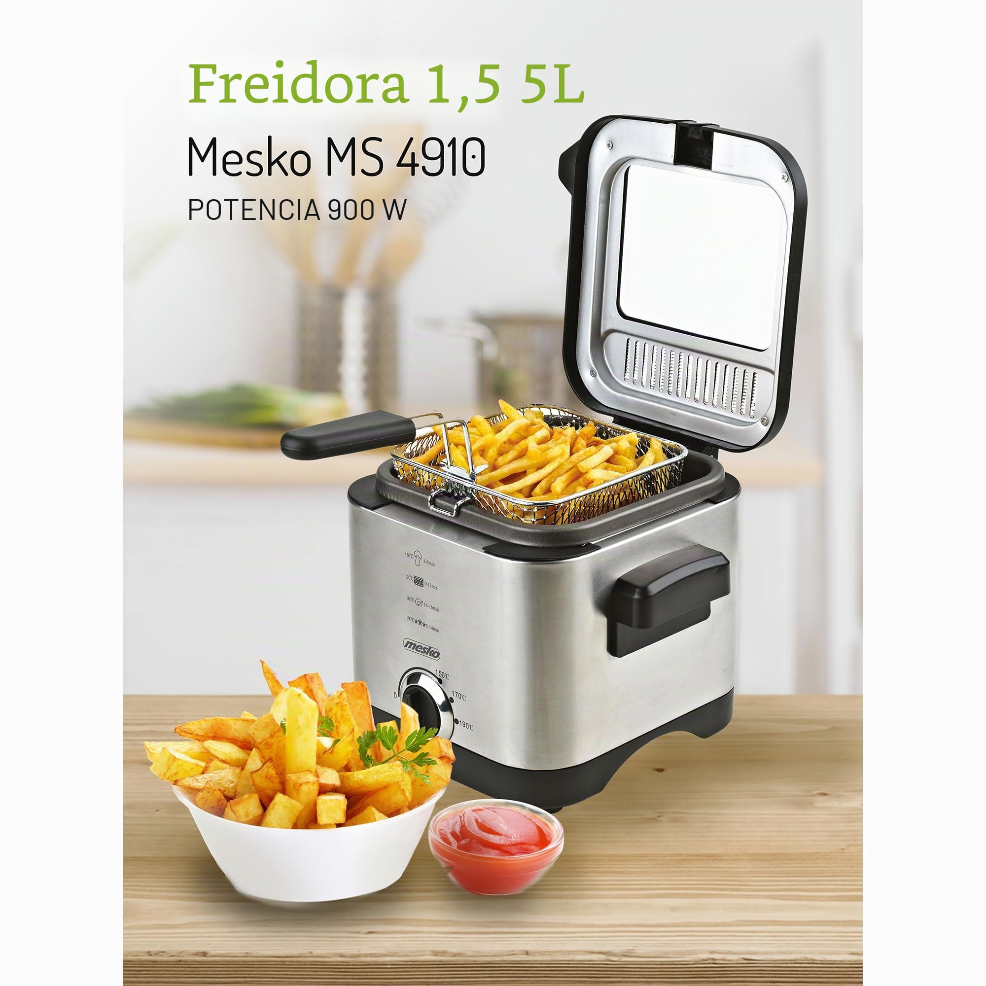 Mesko MS4910 Freidora Aceite Eléctrica 1,5 Litros, Pequeña, Temperatura Ajustable, Cubeta Antiadherente, Tapa con Filtro Antiolor y Ventana de Control, Fácil Limpieza, 900W, Acero Inox