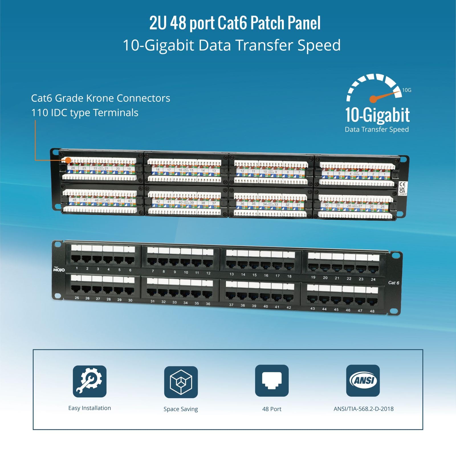 Tecmojo Pannello patch Cat6 a 48 porte, Pannello patch di rete da 19 '' per switch di rete, rack per server e armadi di rete da 19", supporto 10G, montaggio su rack, con gestione dei cavi