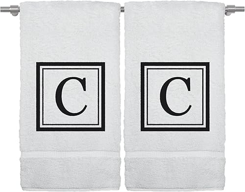 Miniatura 54 de Monogrammed Hand Towel, 16 x 30 Inches Set of 2, Personalized Gift- White Letter Embroidered with Square Design on Black Towel - Extra Absorbent