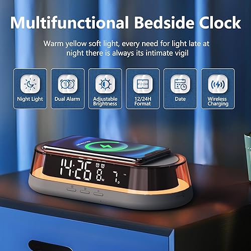 Miniatura 6 de Reloj despertador digital, reloj despertador con carga inalámbrica de 15 W, alarma dual para personas que duermen pesadas, 1224 horas y repetición,