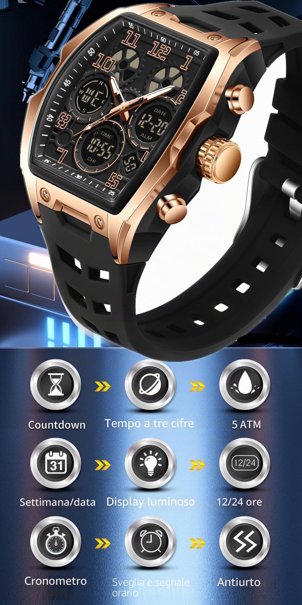 Uomo Orologi per Uomo Unico Rettangolo Orologi Militare Digitale Analogico Sport Impermeabile Orologio con Allarme, Cronometro, Conto Alla Rovescia, Suoneria Oraria, Luminoso Multifunzione