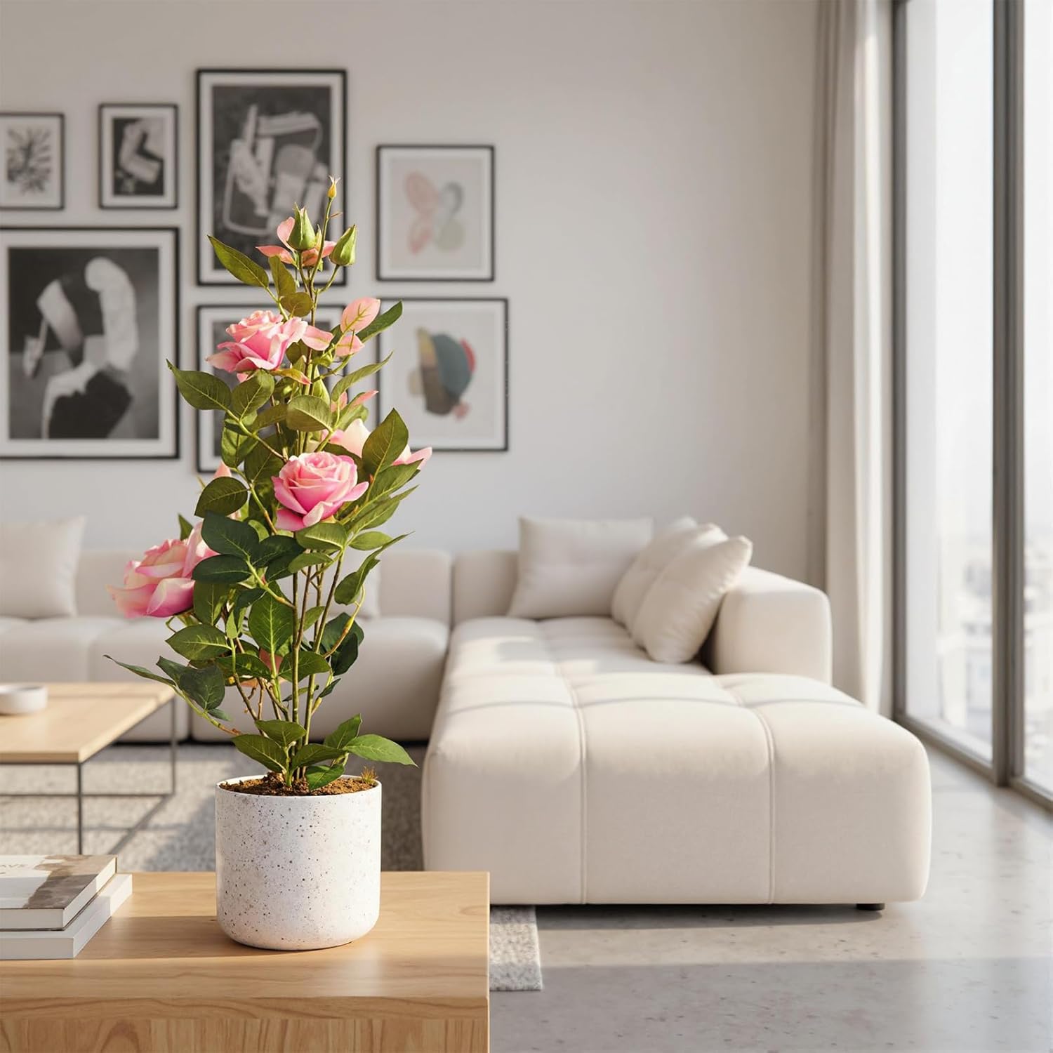 Garvee 2 Pack Fake Flowers in Vase, 21.3" Stunning Fake Plants with 13 Silk-Like Rose Blooms, Artificial Flowers Arrangement for Indoor & Outdoor Decor, Living Room, Centerpiece, Porch, Pink