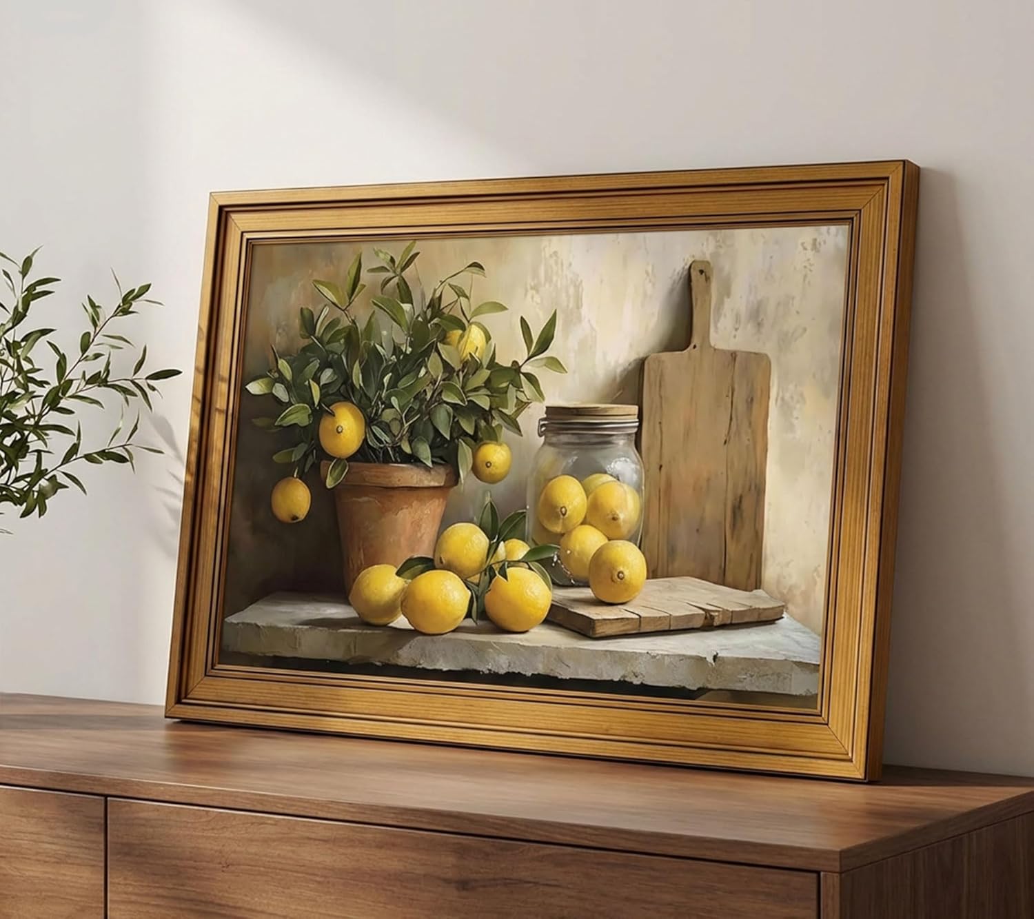 Vintage Gold Framed Canvas Wall Art, Country Kitchen Painting Picture Wall Decor, Lemon Kitchen Poster Print Artwork for Living Room Bedroom Kitchen Home Decoration 12x16in