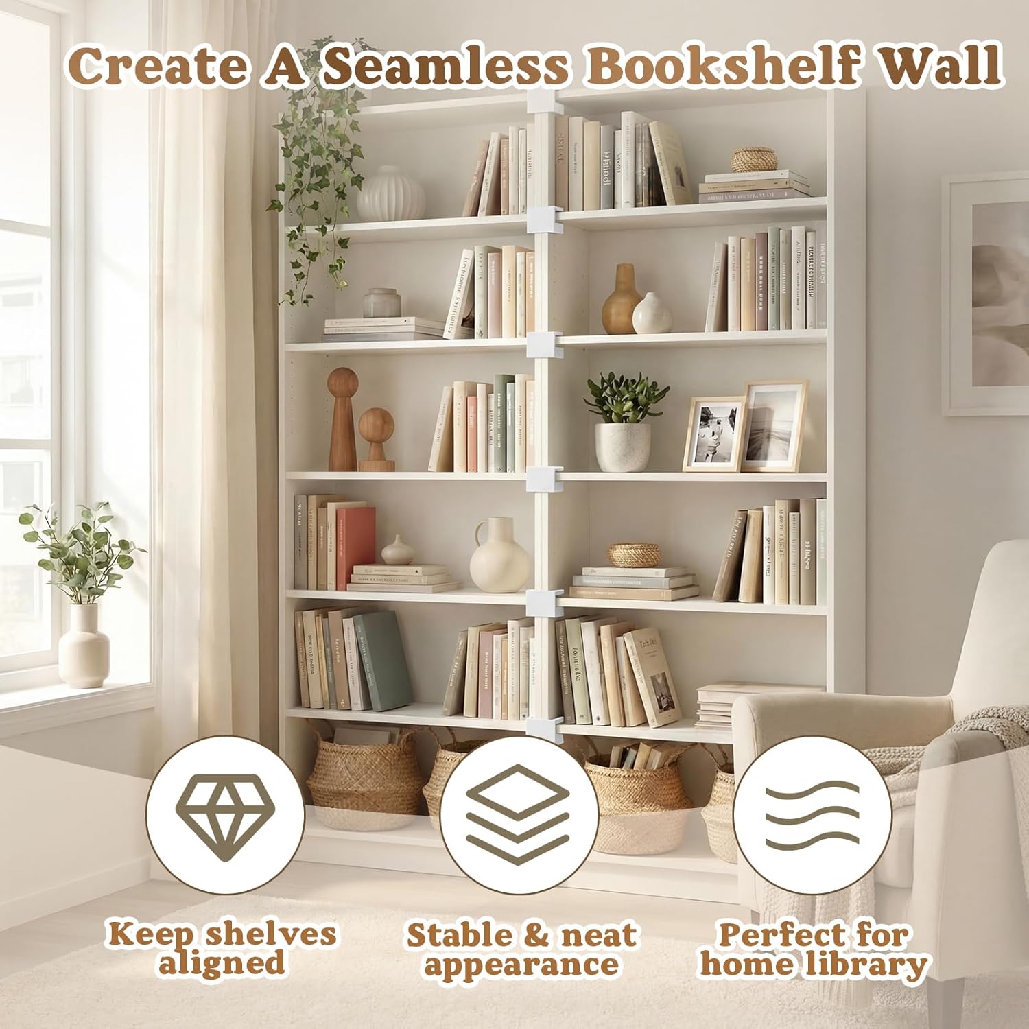 Fuutreo 8 Pack Bookcase Connector Compatible with IKEA Billy Bookshelf, Shelf Aligner and Straightener for Seamless Library Look, White PETG Top Bracket for Gap-Free Alignment and Stability