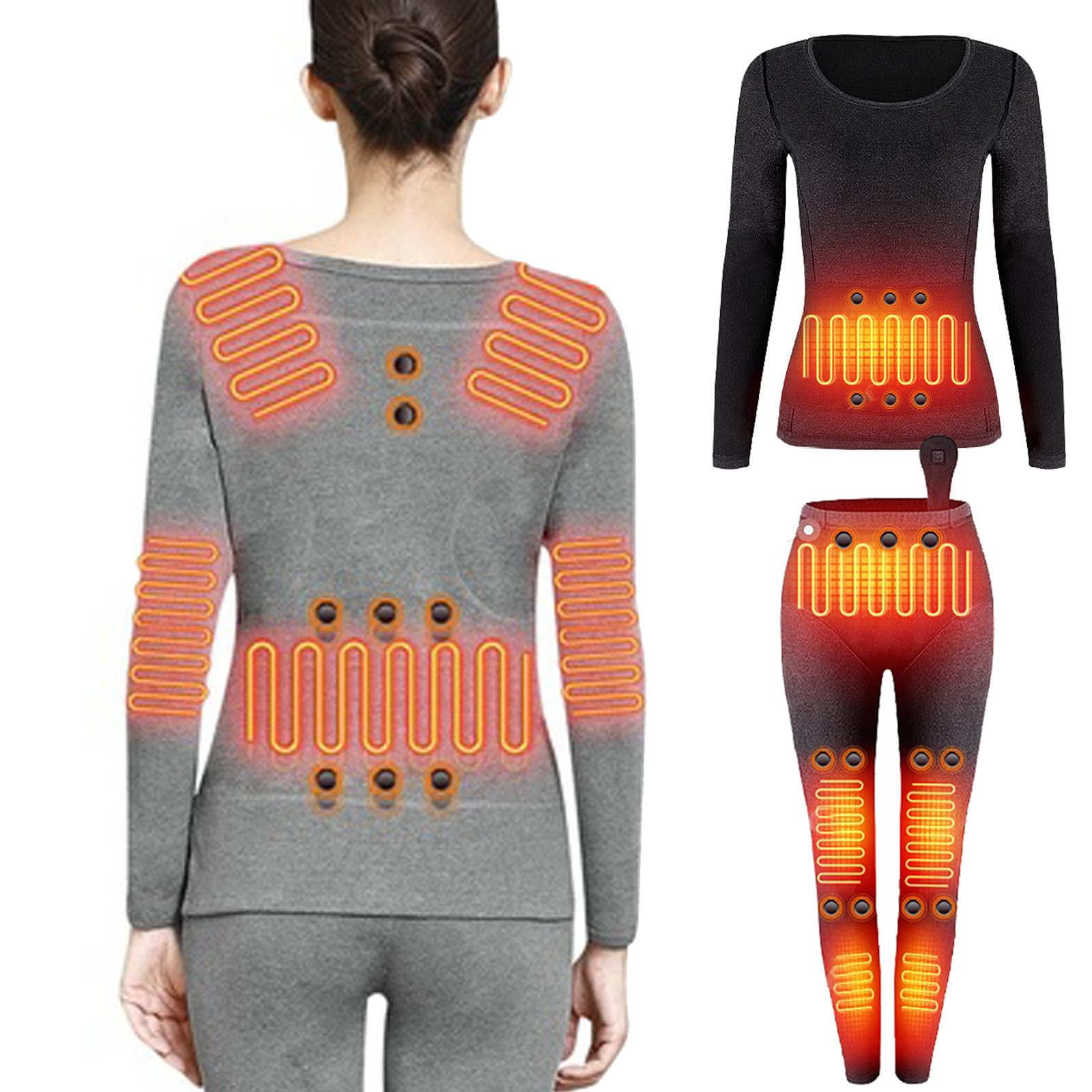 VLOBAOM Thermal Underwear for Men Women, Graphene Heated Base Layer Long Johns, 12 Heating Pads+28 Energy Stones+4 Battery,XL, Women Gray