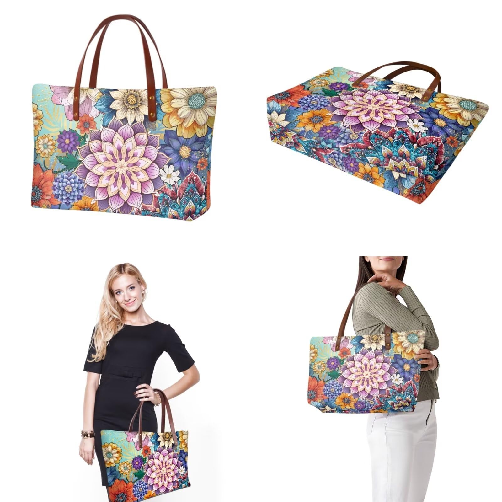 Salabomia Boho Flower Shoulder Tote Bag for Women, Large Purse and Wallet Set Lightweight Top Handle Purse with Matching Make Up Bag, Durable Satchel Purse Hobo Bag for Travel, Working, Purple