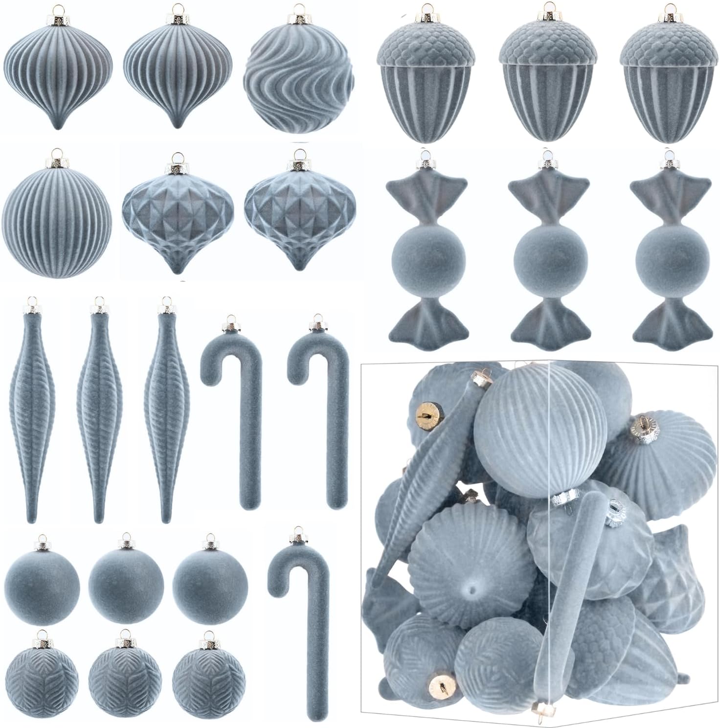 Velvet Ornaments for Christmas Tree Decorations - Dusty Blue Flocked Christmas Ornament Set for Winter Holiday Decor - Shatterproof Xmas Balls Ornaments Bulk - Pack of 24