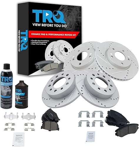 TRQ Kit de pastillas de freno y rotores de rendimiento delantero y trasero, kit químico de freno, pastillas de freno, rotores de freno de cerámica