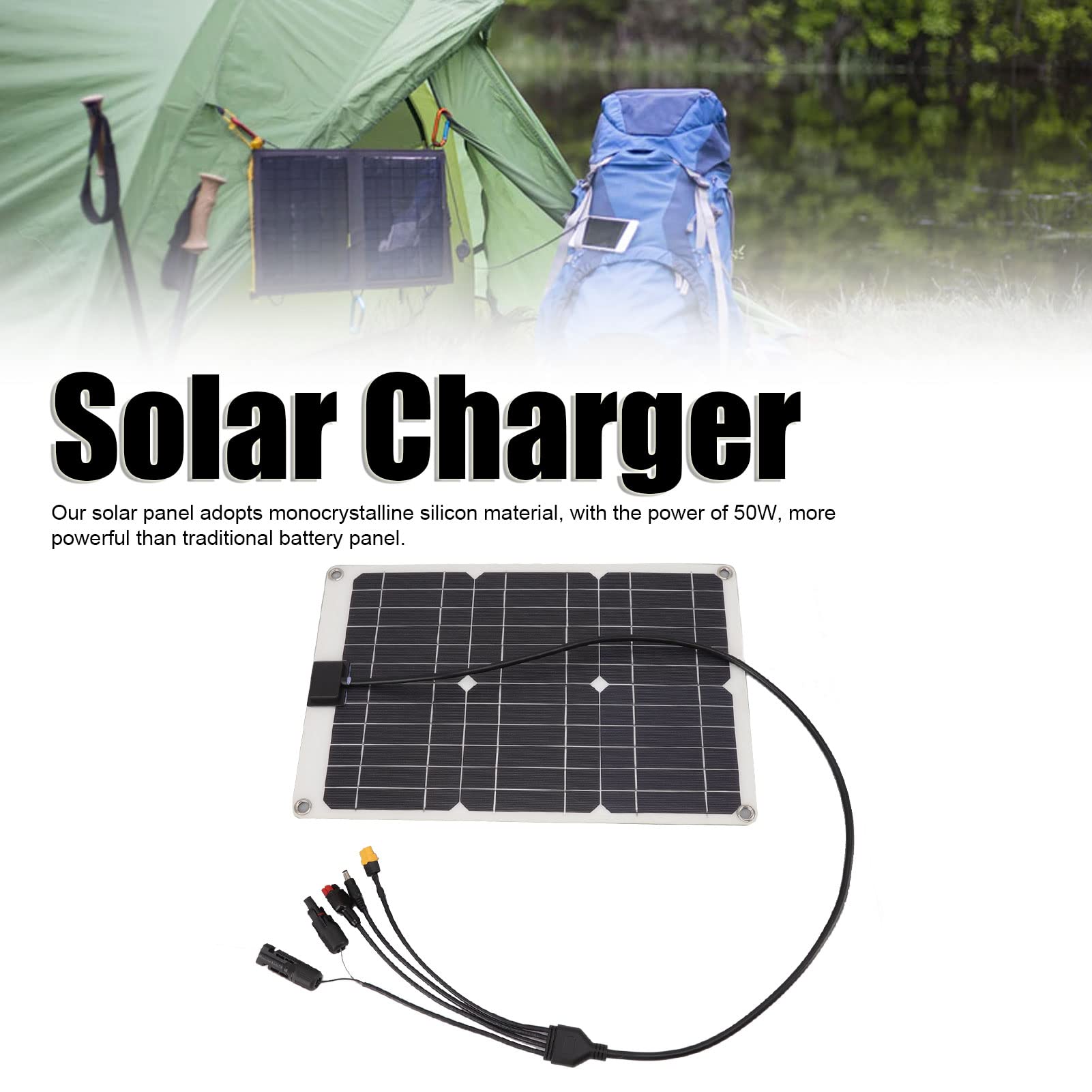 Panel de Batería Solar de 50W, Cargador Monocristalino de Alta