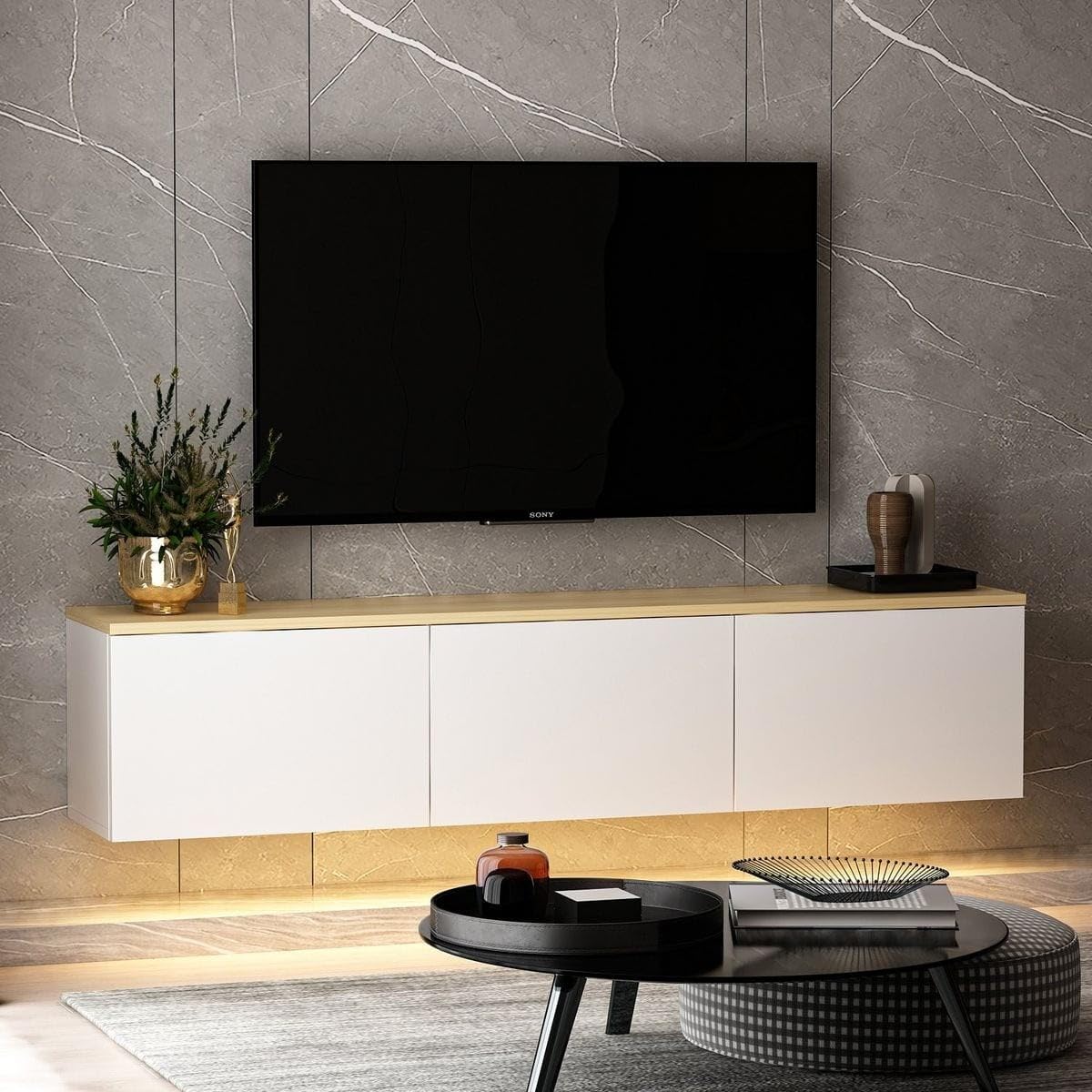 HOMIFAB Meuble TV LED Suspendu 3 Portes Blanc & Effet Chêne 160 cm - Eira