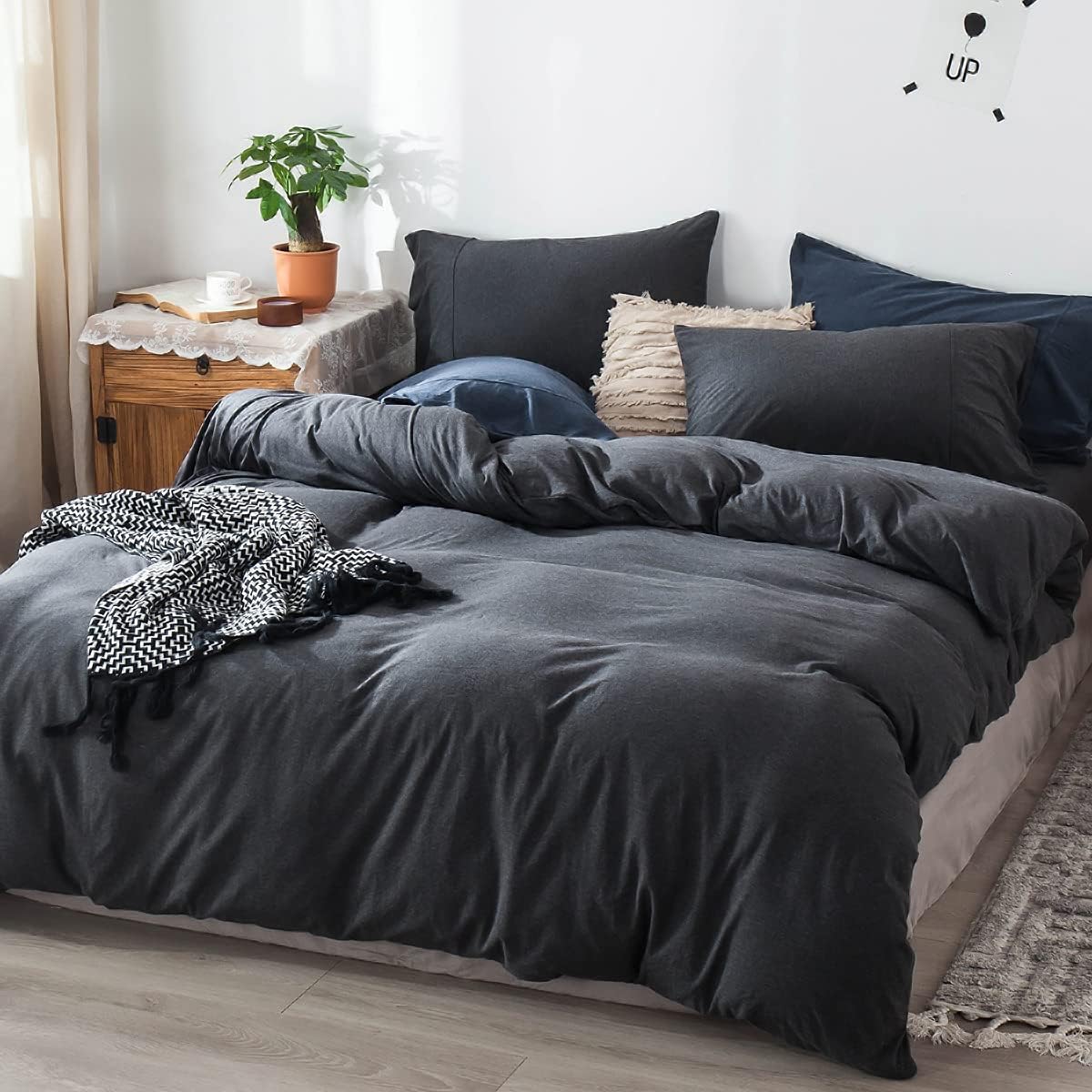 FOSSA Jersey Knit Duvet Cover Set King Size Charcoal T-Shirt Heathered Cotton Super Soft Comfortable, 1 Duvet Cover and 2 Pillowcases, Charcoal Black