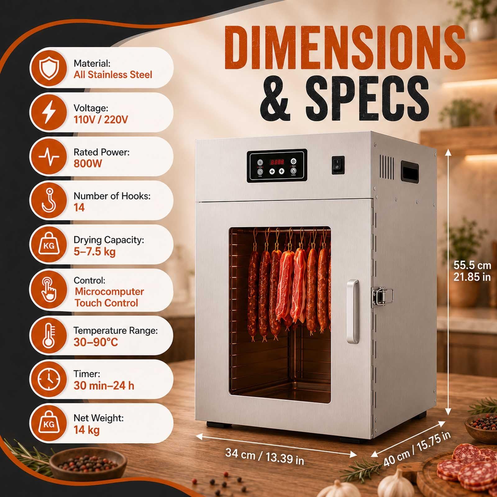 Dry Ager Für Fleisch Mit 360°-Luftstrom Und 30–90 °C Regelung Withoutgrid | 800 W Edelstahl-Reifeschrank Mit 30–90 °C, 24-H-Timer, 360°-Heissluft, 14 Haken Und 5–7,5 Kg Kapazität.