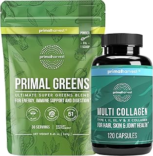 Primal Harvest Super Greens & Multi Collagen Capsules Supplements for Women and Men - Superfood Greens Powder and Multi Co...