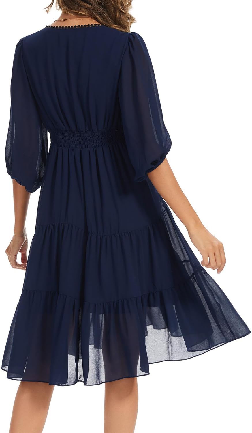 Kormei Women's V Neck 3/4 Sleeve Boho Flowy Short Dress Wedding Guest Party Casual Chiffon Mini Dresses - Image 5