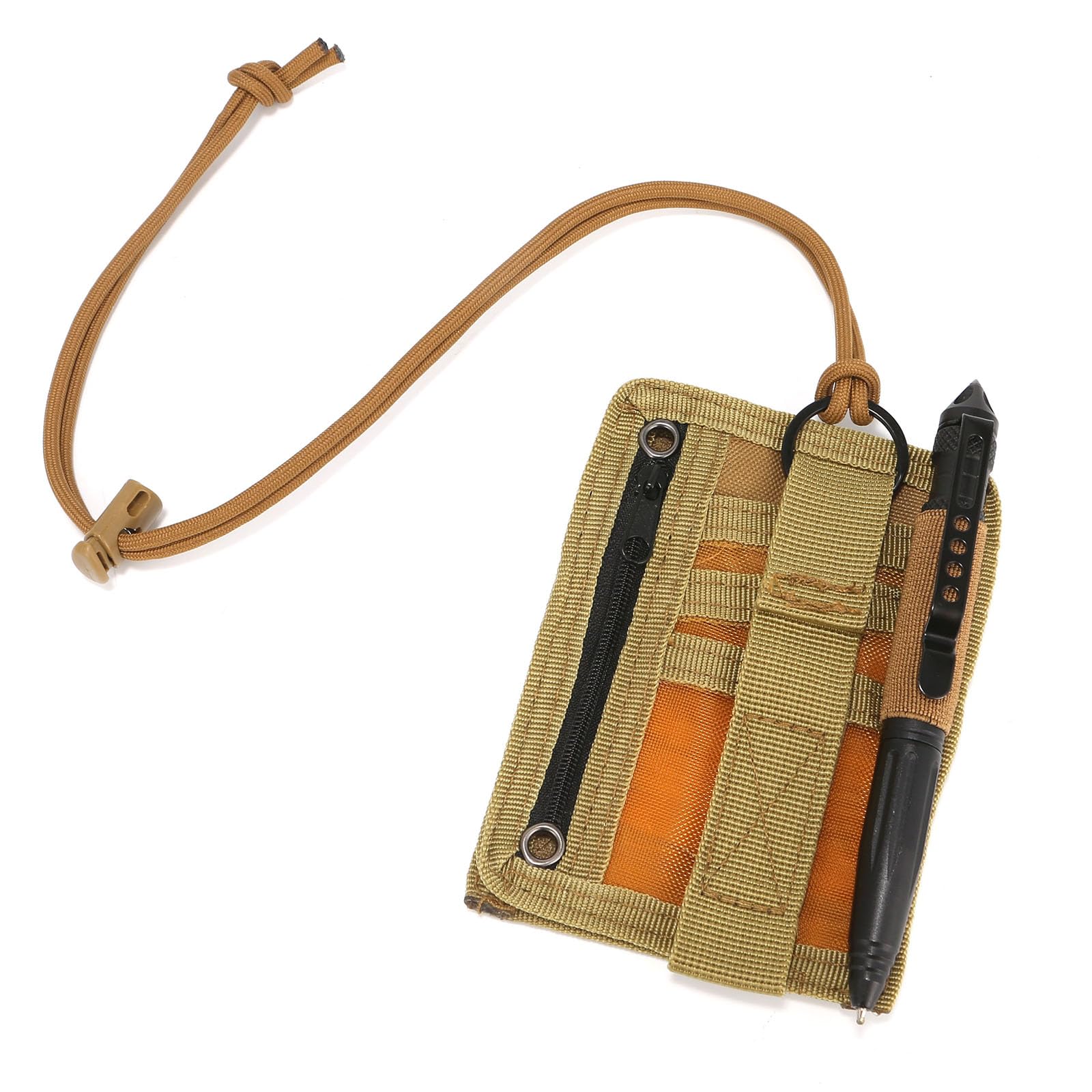 PRETWOYS Tactical ID Badge Holder with Zipper Pocket, EDC Pouch Organizer for Men, Neck Lanyard Key Ring and Credit Card Organizer (Khaki)