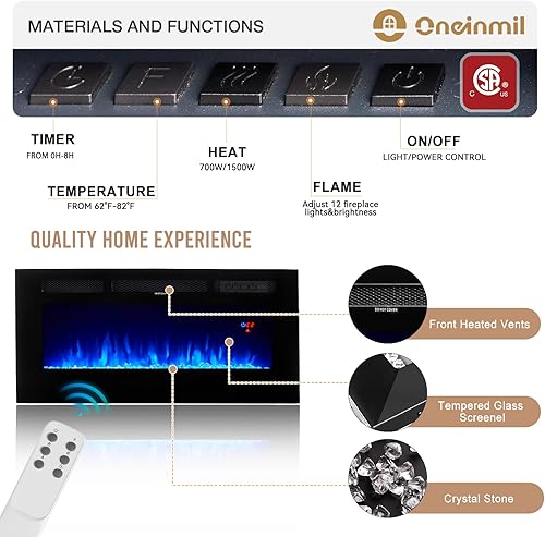 Miniatura 5 de oneinmil Soporte de TV con chimenea eléctrica de 36 pulgadas, centro de entretenimiento con luz LED, soporte de entretenimiento con textura de Negro