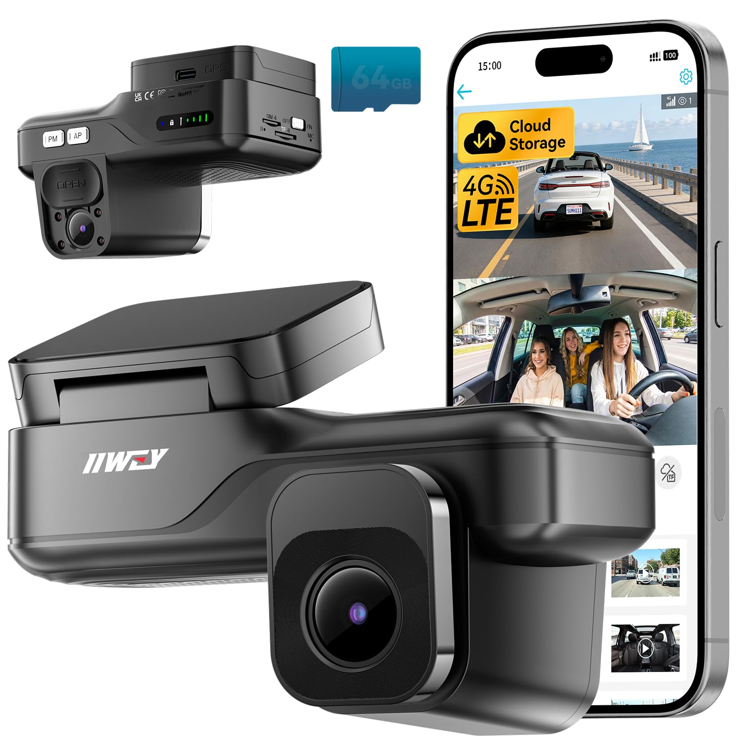 IIWEY Dash Cam LTE 4G Live FHD Autokamera Vorne und Innen, Echtzeit-Alarm & Live-Ansicht via App, Cloud-Speicher, 4 IR-LEDs Nachtsicht, Bildschirmlos, 24/7 Parkmodus Anti-Diebstahl, GPS, Inklusive OBD