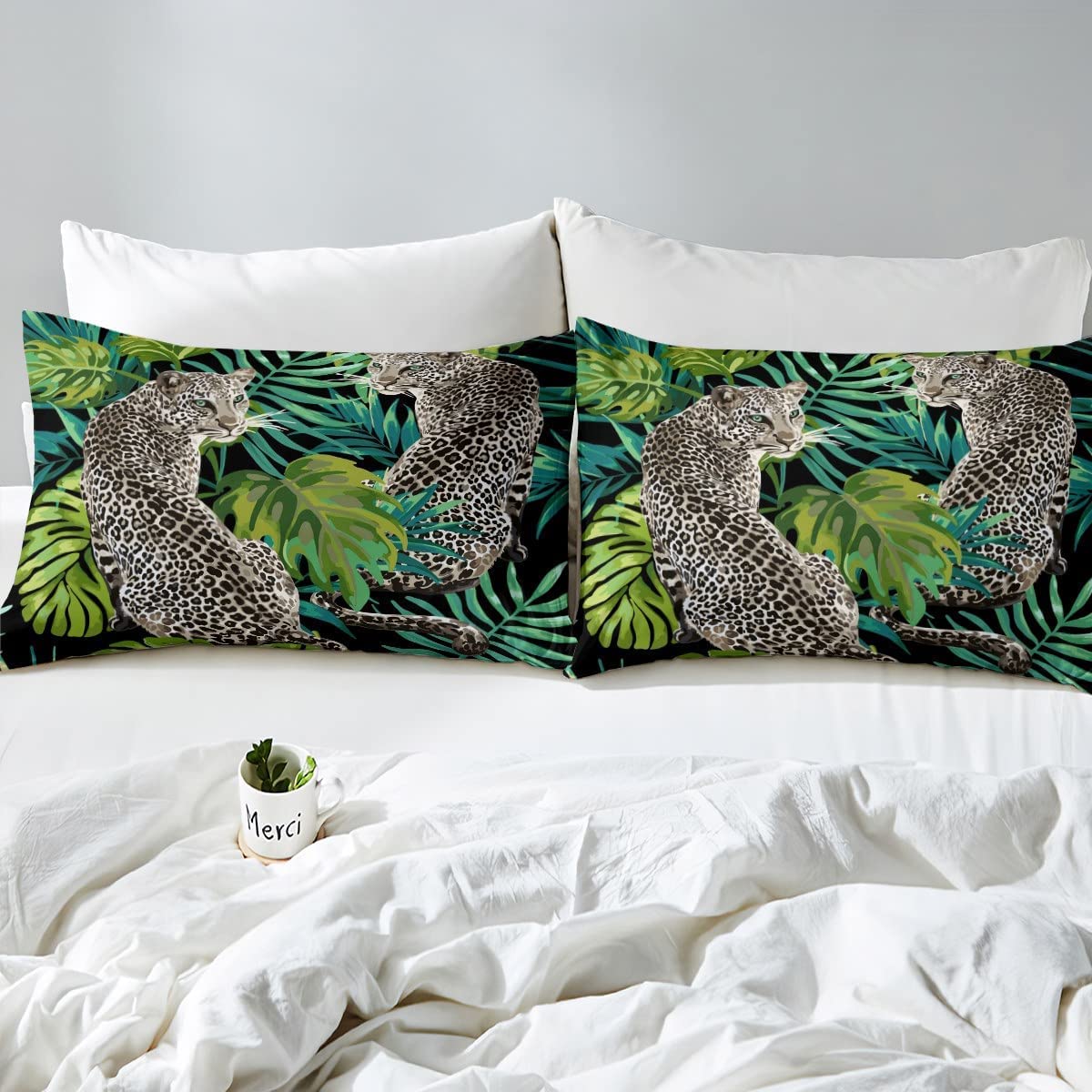 Homewish Funda de edredón con estampado de leopardo 3D, funda de edredón con estampado de guepardo, hojas de palma tropicales, juego de ropa de cama de animales de safari africano, funda de edredón de