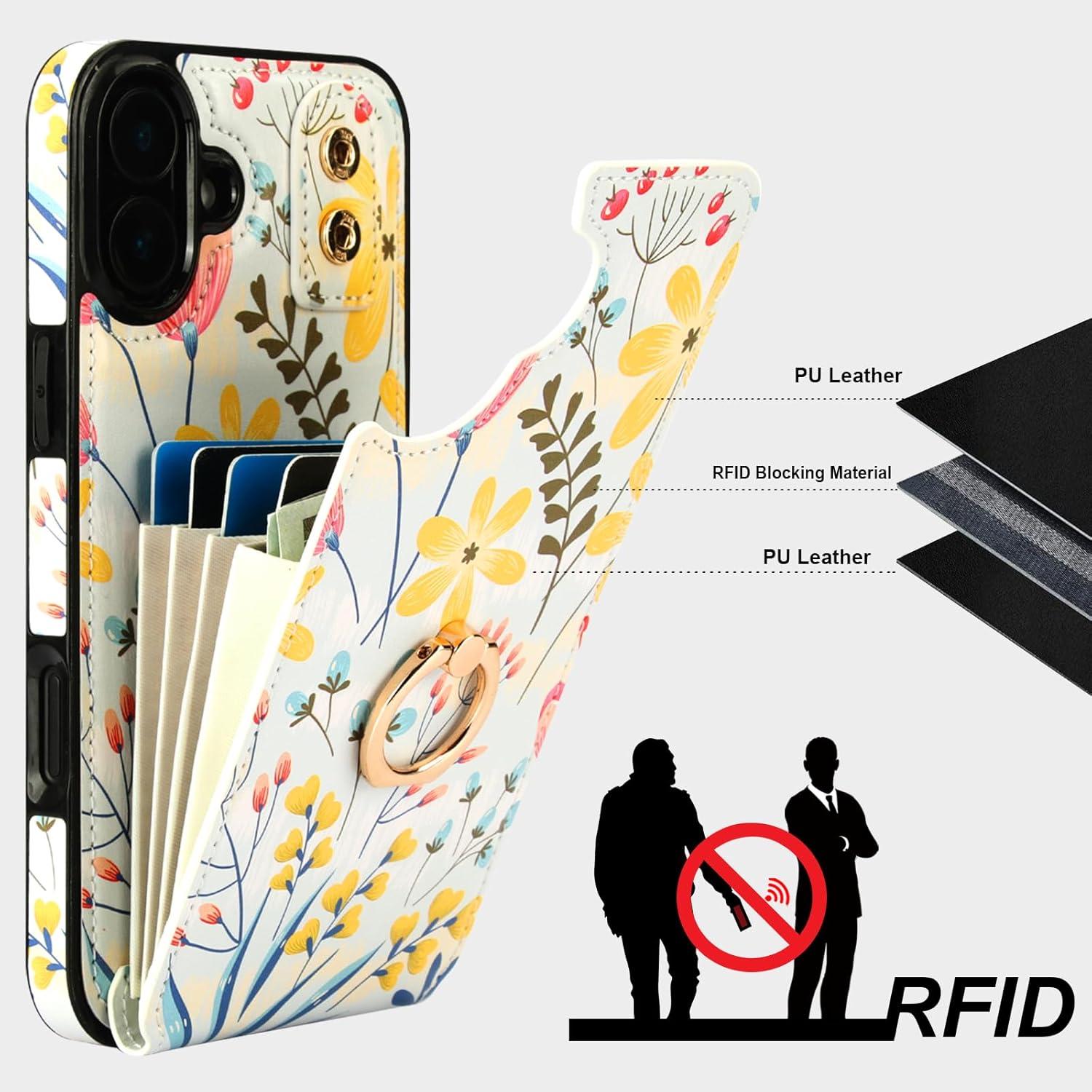 HAOPINSH for iPhone 16 Plus Wallet Case with Card Holder, 360°Rotation Ring Kickstand, Floral Flower Pattern, RFID Blocking Leather for Girls Women, Double Buttons Protective Cover 6.7"