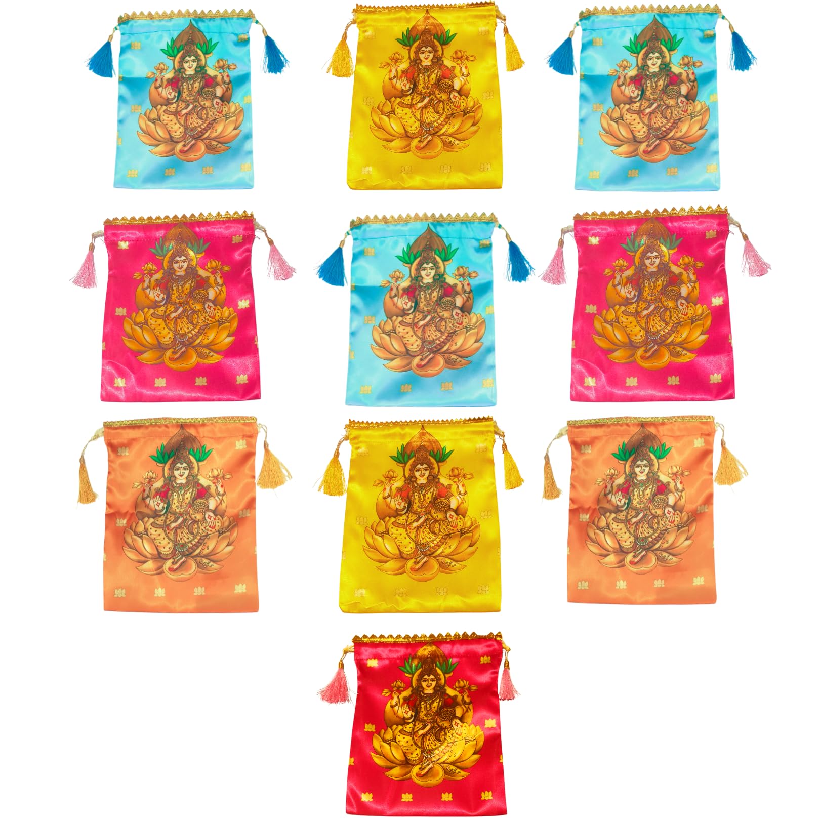 Sri Yagnaa - Pack of 10 - Varalaxmi Design Potli Bags - Women's Silk Drawstring Closure - Gift Pouches - for Return Gifting - Potli Bags for Thamboolam - Fabric Potli Batwa Bag (Multi-Color)-image-29
