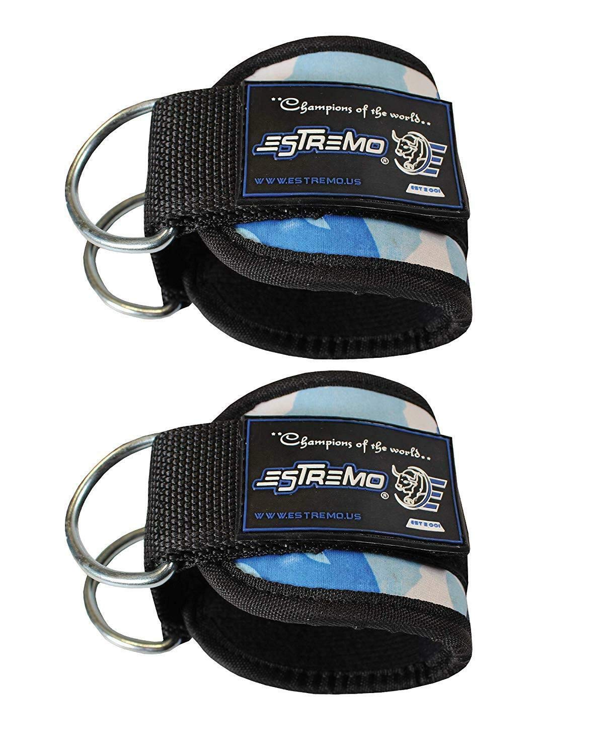 ESTREMO Ankle Straps for Cable Machines- Adjustable Comfort fit Neoprene Strap with Stainless Steel D-Ring for Glute & Leg Workouts - for Women & Men (Pair, Camouflage-Blue)