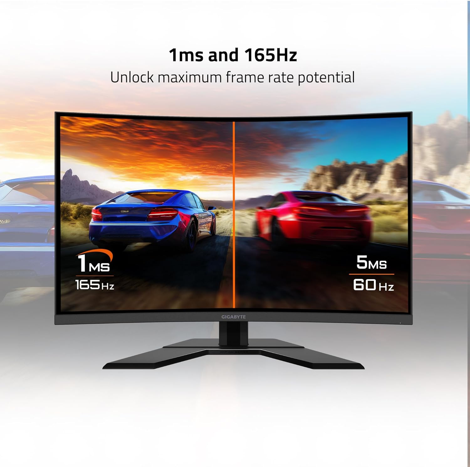 Comparison image showing 1ms 165Hz vs 5ms 60Hz response times
