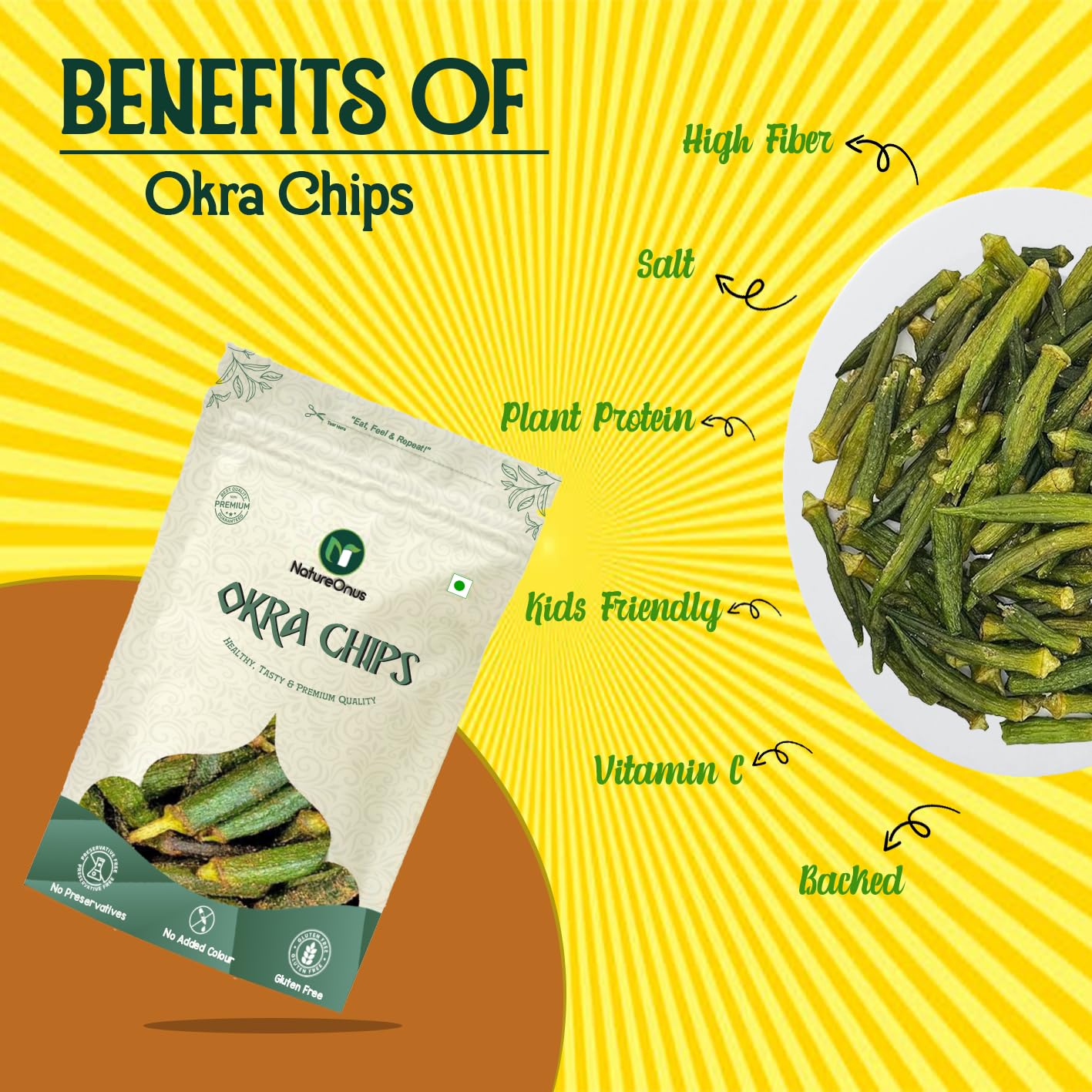NatureOnus Vacuum Fried Okra Chips 43g - Pack of 3 | High in Protein and Fiber | No Preservatives, No MSG | Zero Trans Fat & Cholesterol | Gluten Free | Crunchy Vacuum Cooked Snack- 129g 3