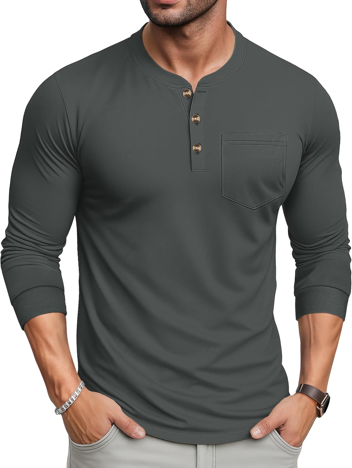 MAGCOMSEN Men's Henley Long Sleeve Shirt Cotton Lightweight Tee Shirts Casual Basic Tees with Pocket