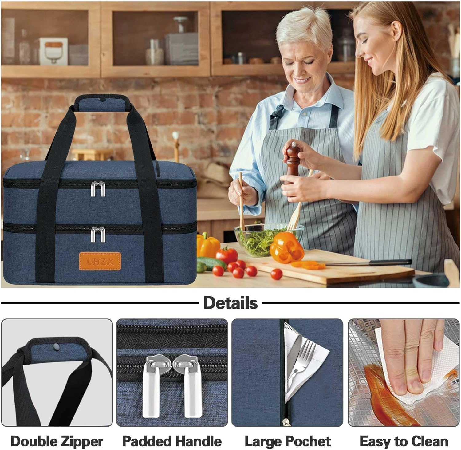 LHZK Double Insulated Casserole Carrier for Hot or Cold Food, Lasagna Holder Tote for Potluck Parties, Beach, Picnic, Travel, Fits 11x15 or 9x13 Dish (Blue)