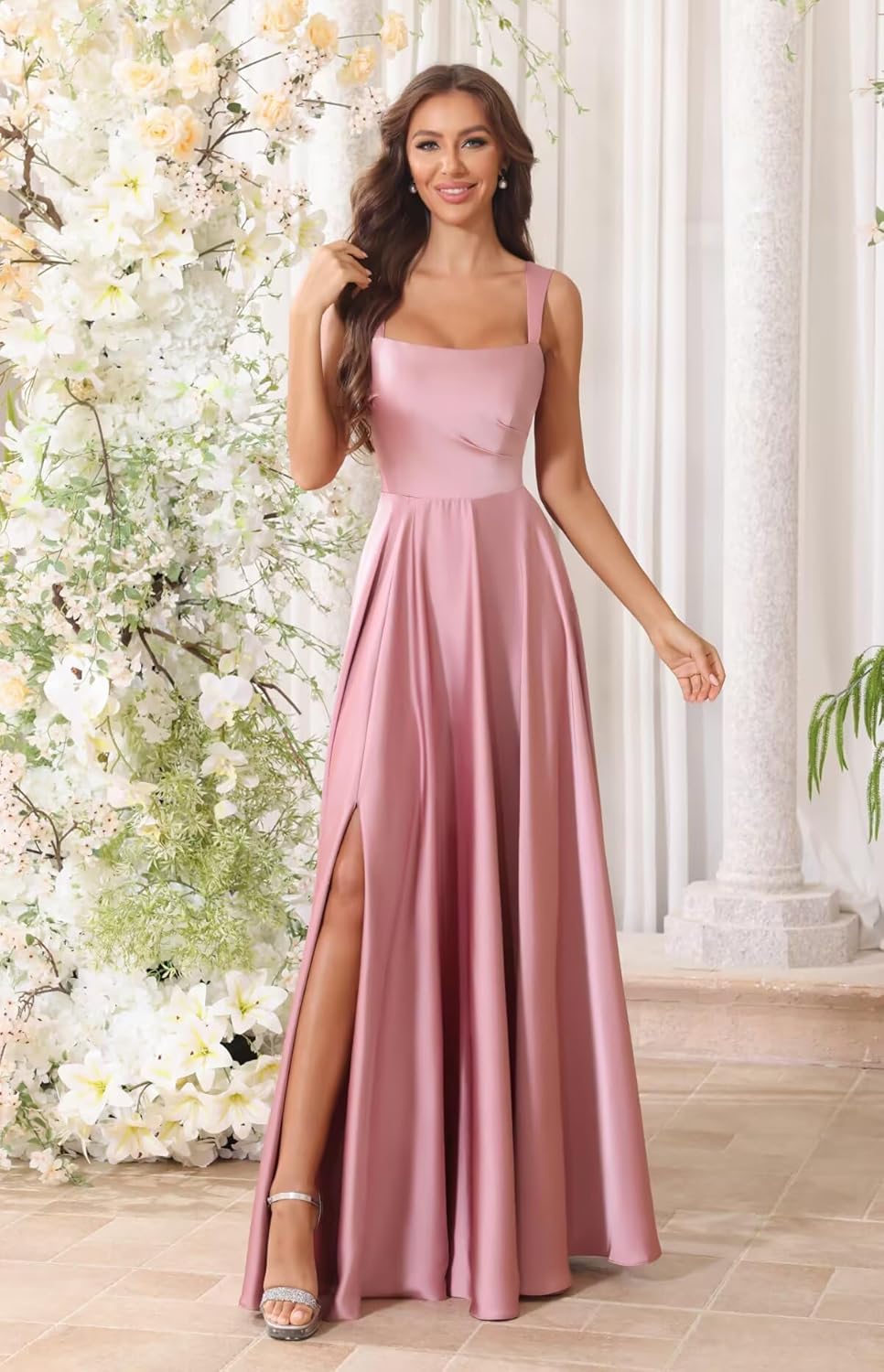 Satin Square Neck Bridesmaid Dresses for Women Elegant A-Line Spaghetti Straps Pleated with Slit Long Prom Gown - Image 7