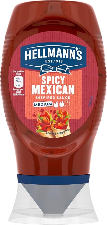 Hellmann's Spicy Mexican Sauce 100% recyclable* squeeze bottle the perfect condiment for fajitas, nachos and tacos 250 ml