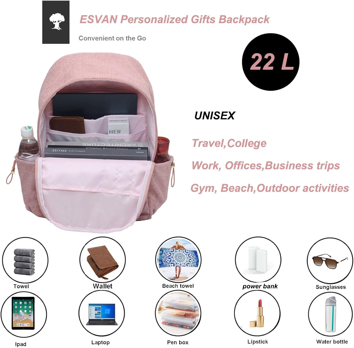 ESVAN Personalized Gifts Backpack Canvas Linen Nylon 17 inch Laptop Bag for Women Casual College