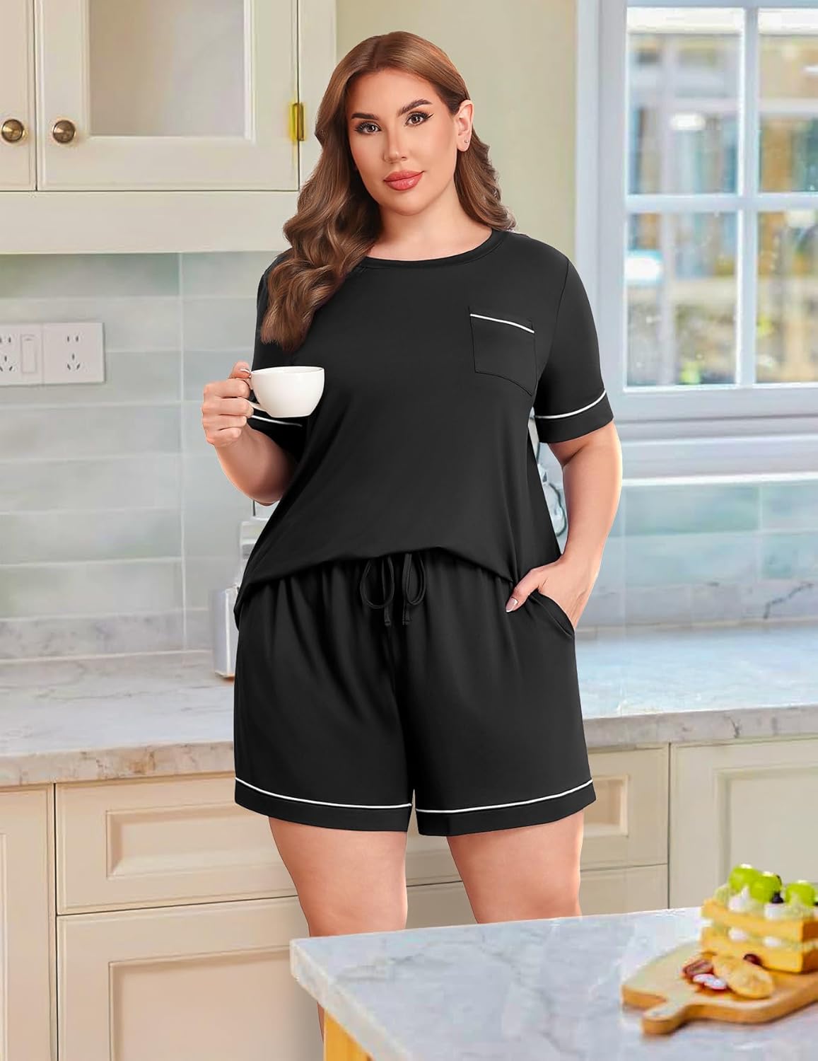 Lastshe Women Plus Size Pajama Sets Knit Soft 2 Piece Short Sleeve Shorts with Pockets Pjs Lounge Set Loungewear - Image 2