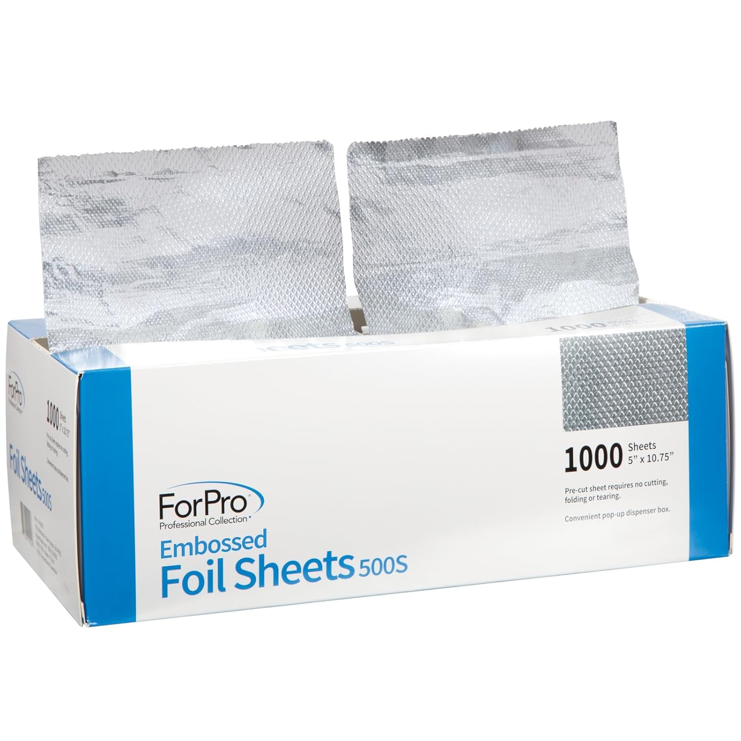 ForPro Embossed Aluminum Foil Sheets 5x10.75" 1000-Count Pop-Up Dispenser - Hair Highlighting Foils & Food Safe Wraps