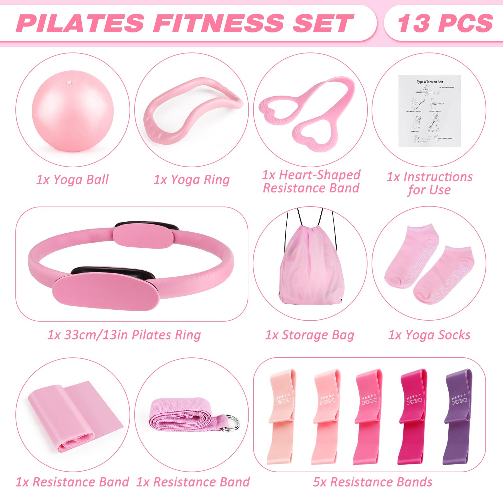 MXTIMWAN Kit Pilates Maison 13 Pièces Pilates Kit Pilates Accessoires Cercle Pilates, Ensemble Pilates Yoga avec Ballon de Yoga, Bandes de Résistance, Anneau de Pilates, Balle, Sangle, Sac Portable