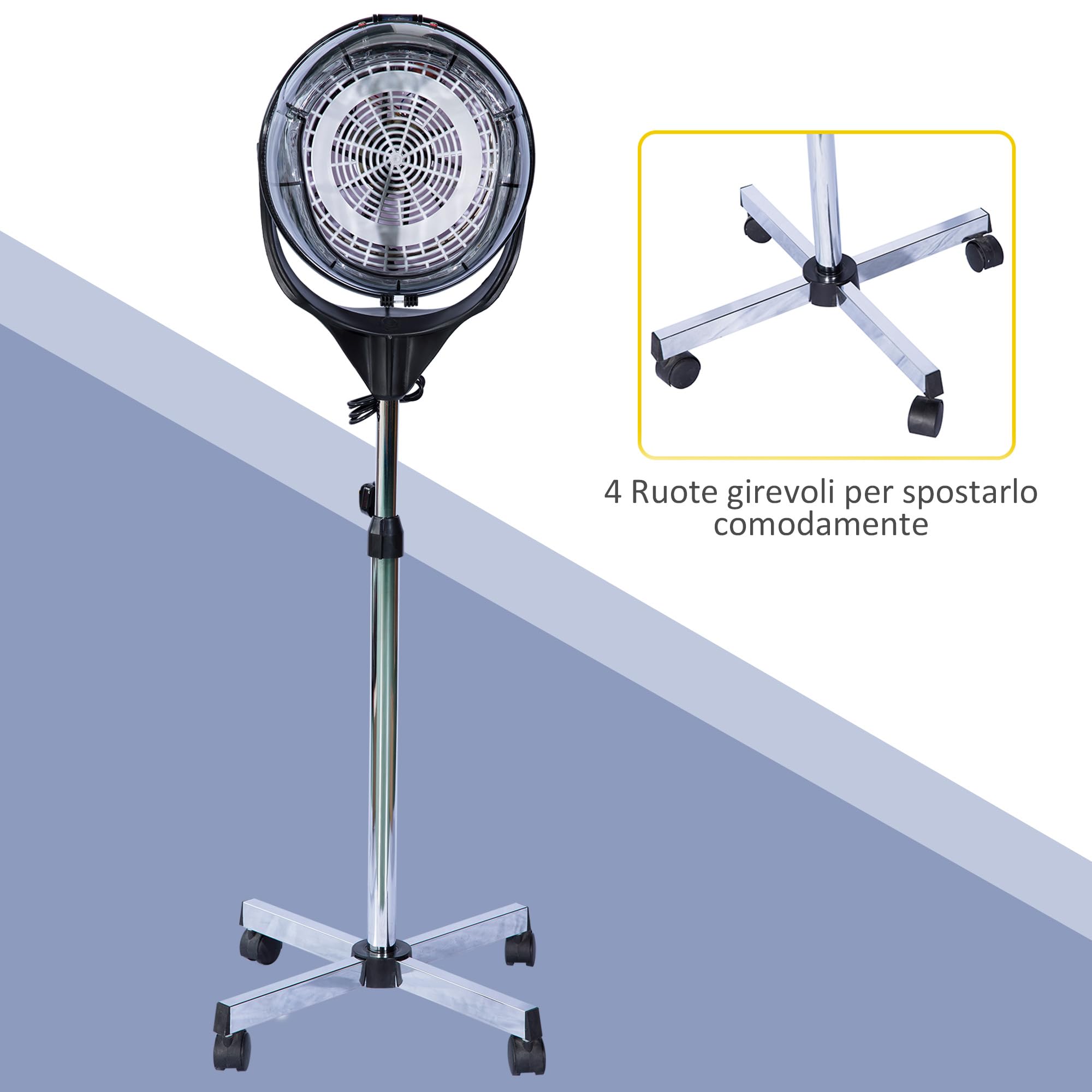 HOMCOM Casco Asciugacapelli 1180W ad Altezza Regolabile, Casco per Capelli con Timer 60 Minuti e Ruote Girevoli, in PP, PC e Acciaio, 65x65x115-165 cm, Bianco