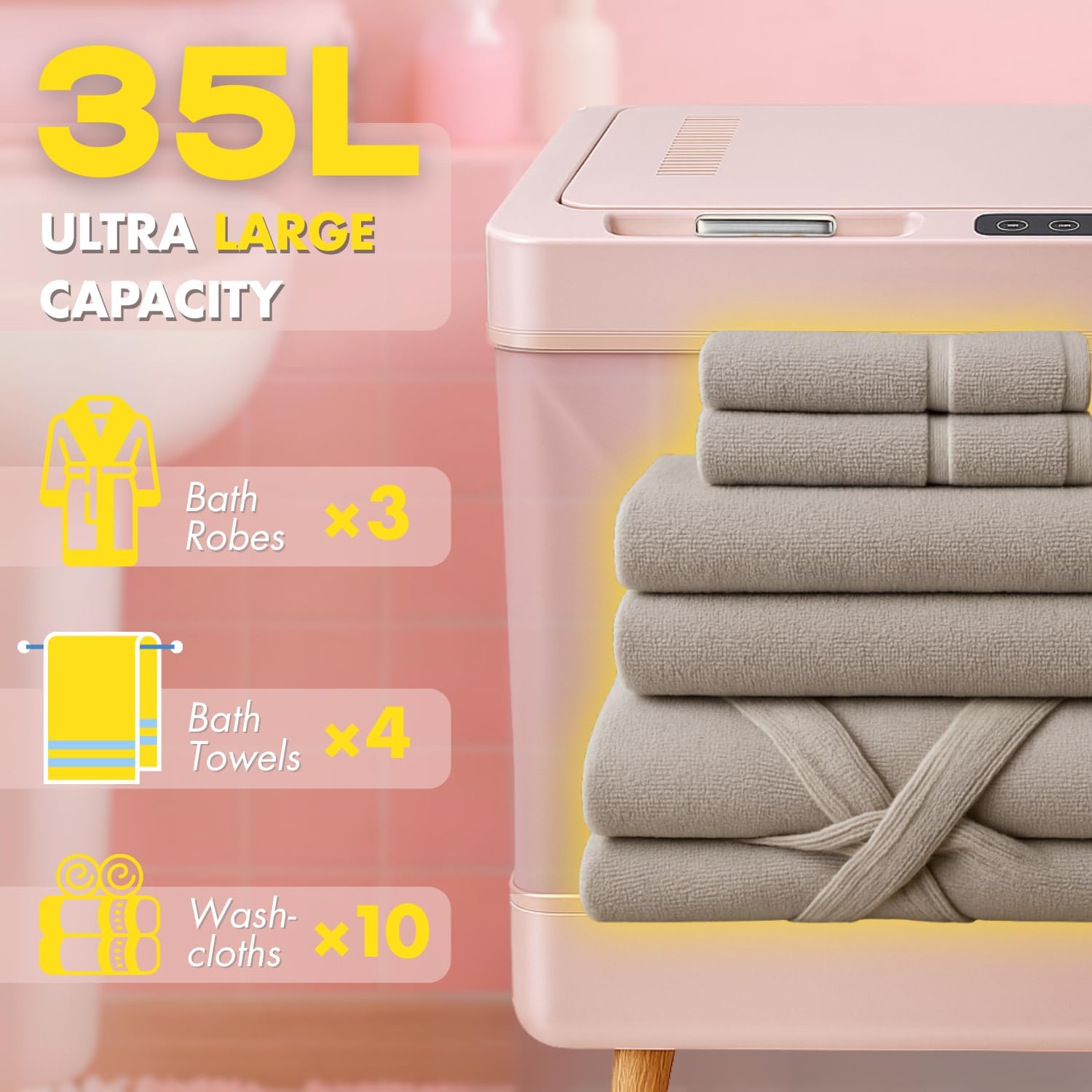 Towel Warmer for Bathroom, Foldable Towel Warmer Bucket, Blanket Warmer, Extra-Large 35L Fast Heating, Heating & Drying Modes & Timer, ETL Certification, 6 Free Fragrance Discs, Pink
