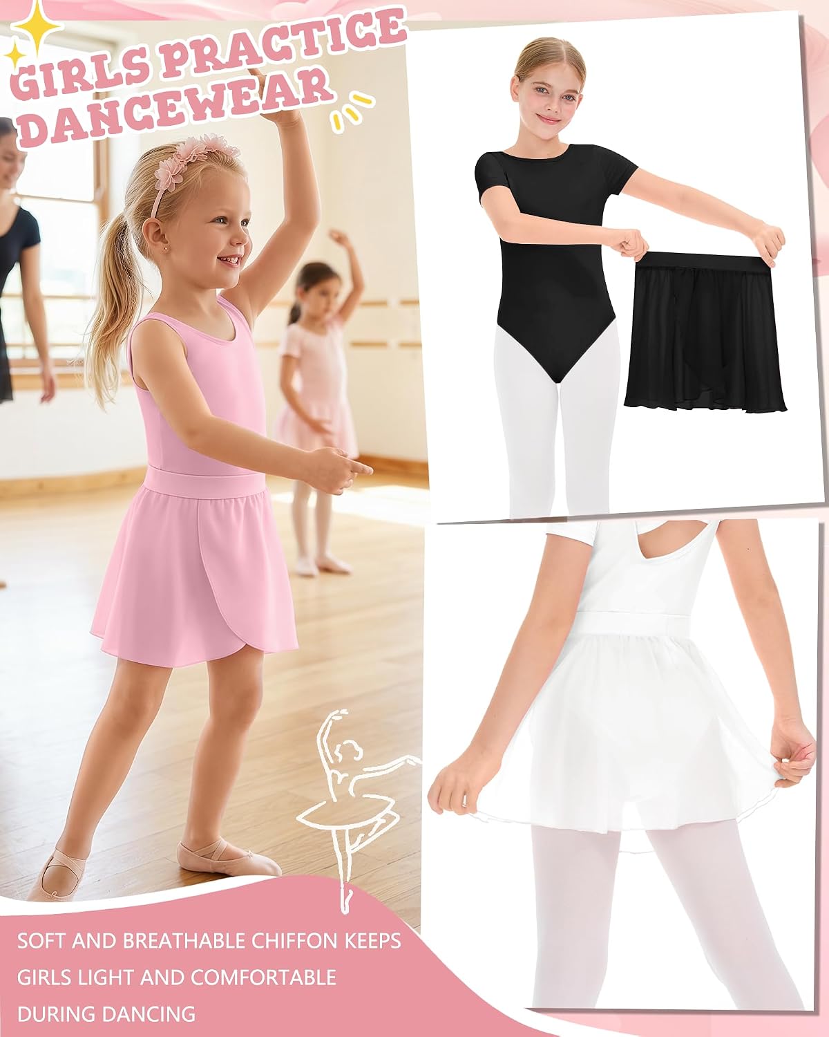 3 Pack Girls Ballet Skirts for 2-12y Toddler Dance Skirt Ballet Chiffon Skirt with Elastic Waist Practice Dancewear